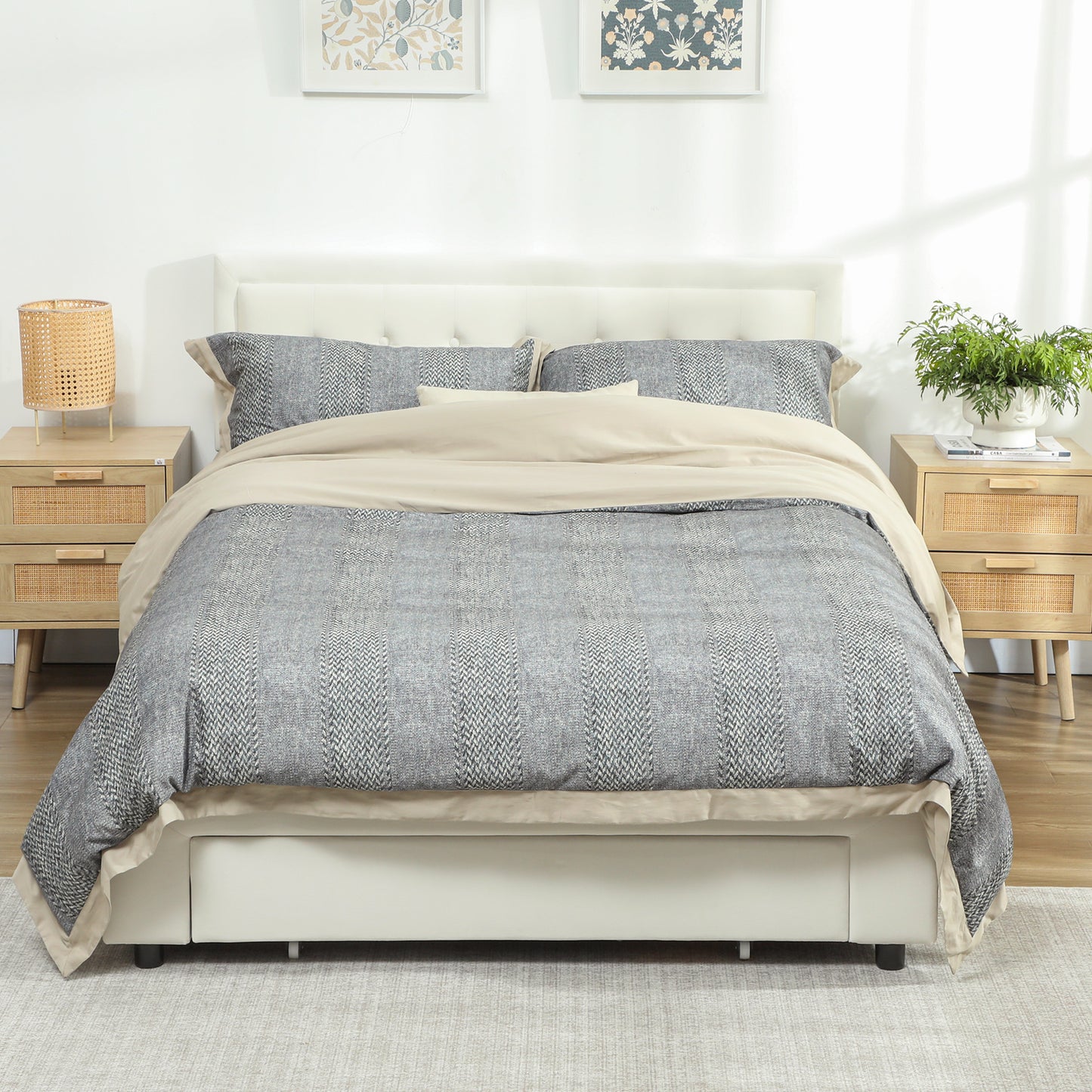 Double Bed Frame with Storage and Adjustable Velvet Headboard, Cream