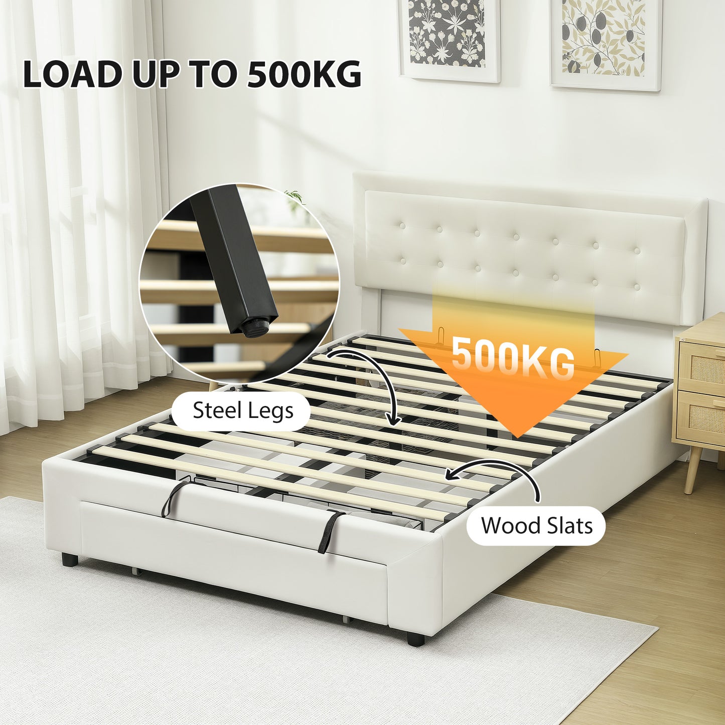 Double Bed Frame with Storage and Adjustable Velvet Headboard, Cream