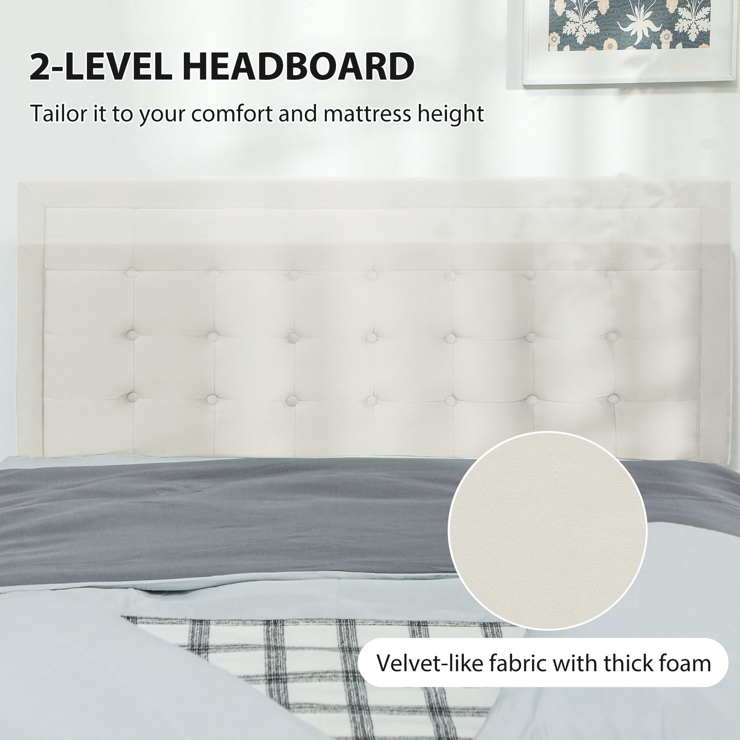 Double Bed Frame with Storage and Adjustable Velvet Headboard, Cream