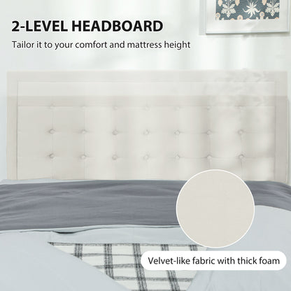 Double Bed Frame with Storage and Adjustable Velvet Headboard, Cream