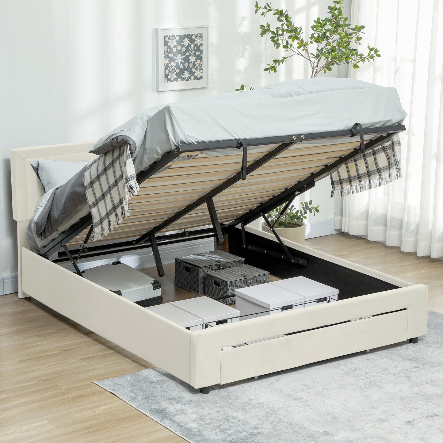 Double Bed Frame with Storage and Adjustable Velvet Headboard, Cream