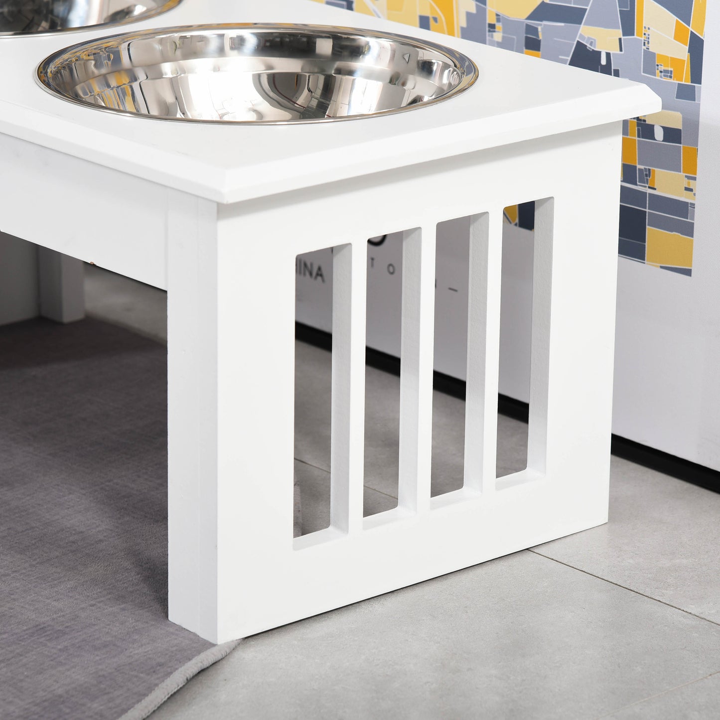 Stainless Steel Raised Dog Feeding Bowls with Stand Elevated Twin Pet Bowls Water Food Feeder 43.7L x 24W x 15H cm - White