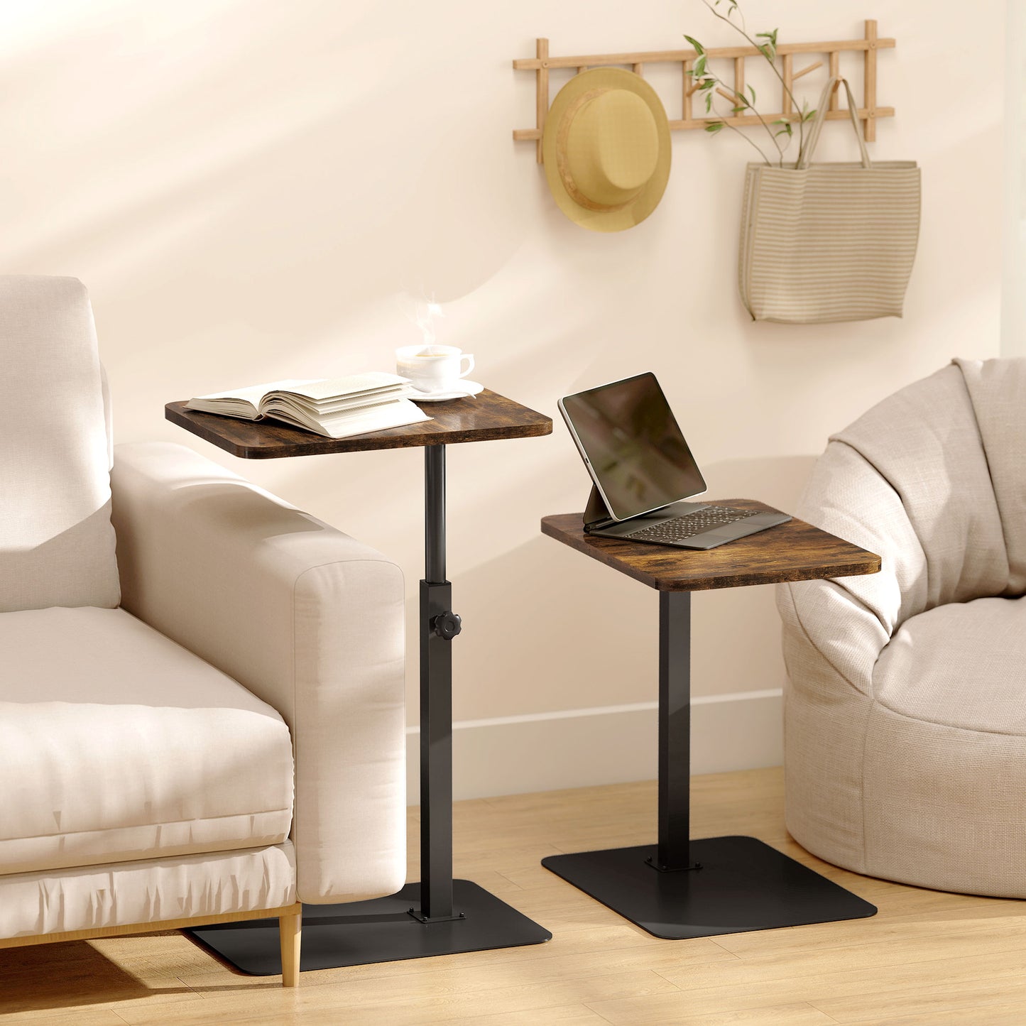Side Table, C Shaped End Table with Adjustable Height and Metal Base