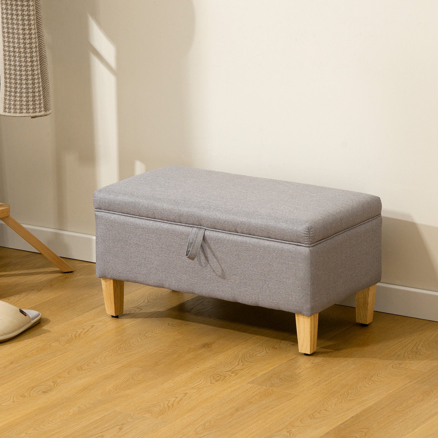 Linen Storage Ottoman Storage Box with Rubberwood Legs, Light Grey