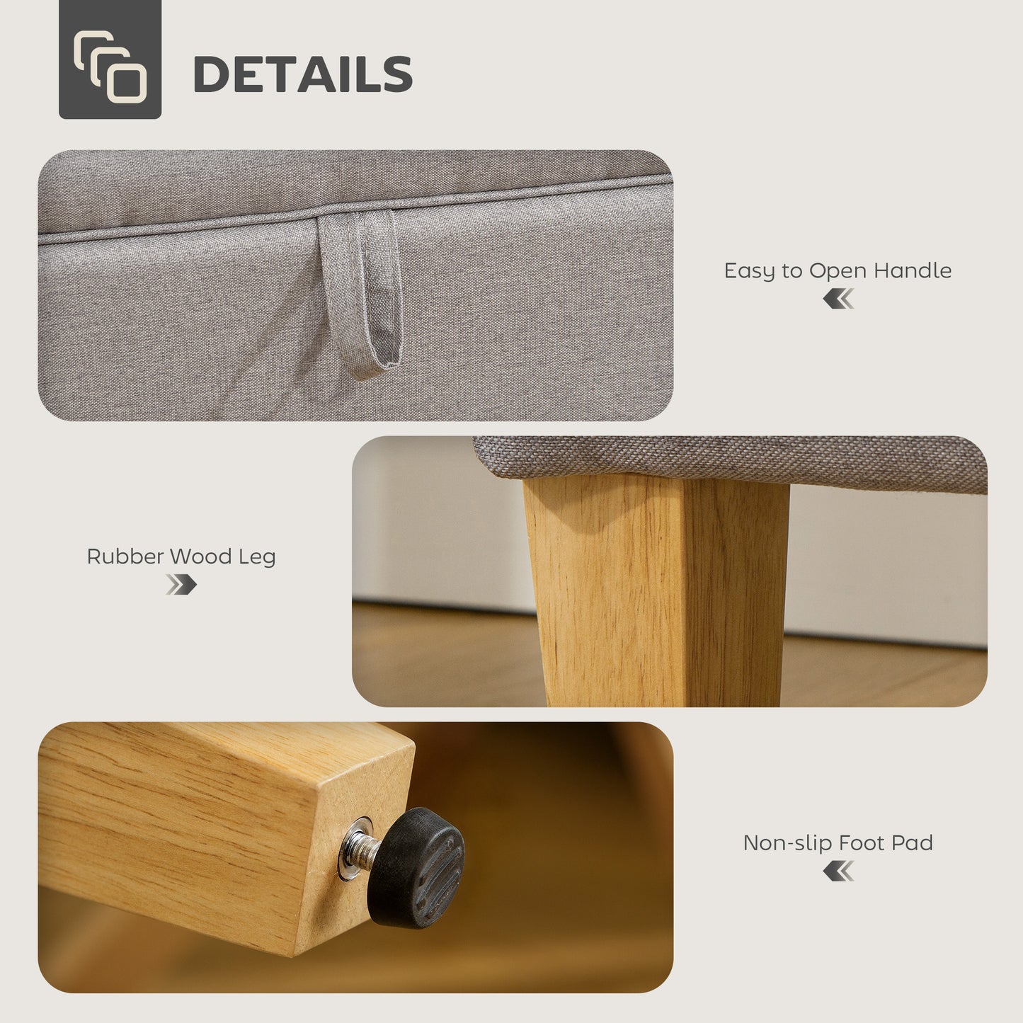 Linen Storage Ottoman Storage Box with Rubberwood Legs, Light Grey