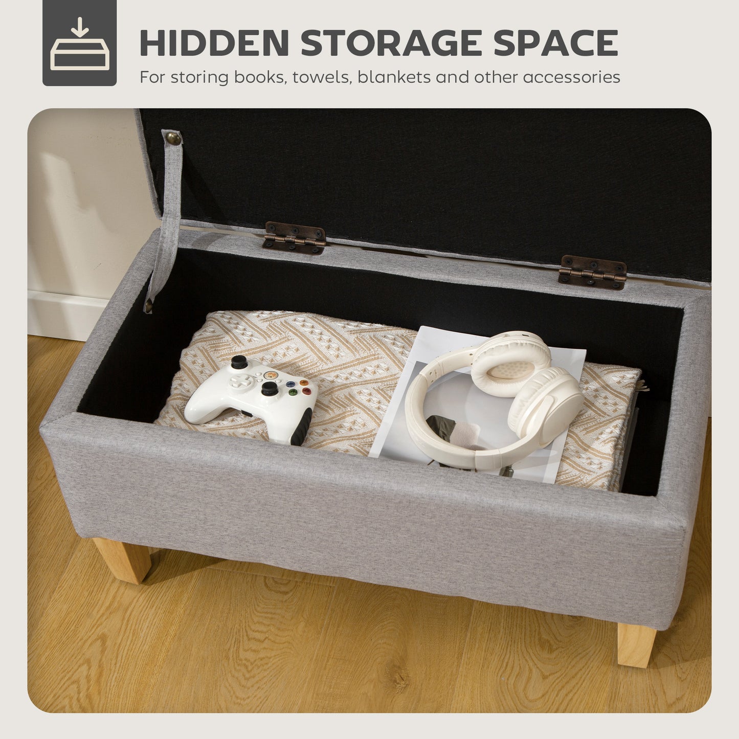 Linen Storage Ottoman Storage Box with Rubberwood Legs, Light Grey