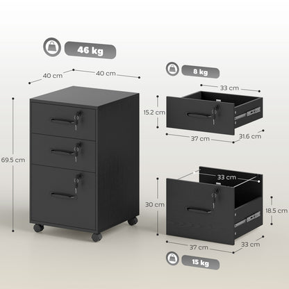 3 Drawer File Cabinet Rolling Filing Cabinet for A4 and Letter Black