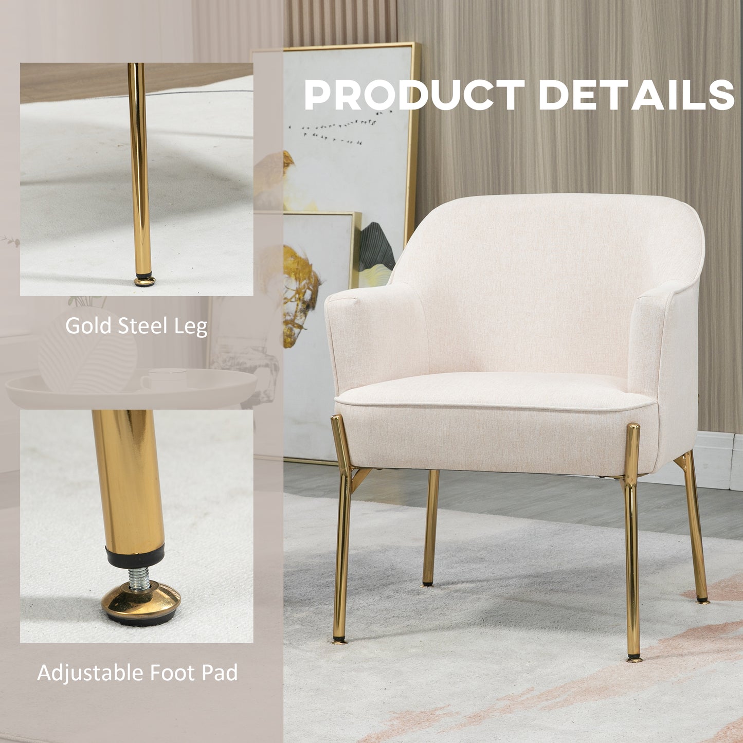 Fabric Armchair Accent Chair w/ Metal Legs for Living Room Bedroom Cream