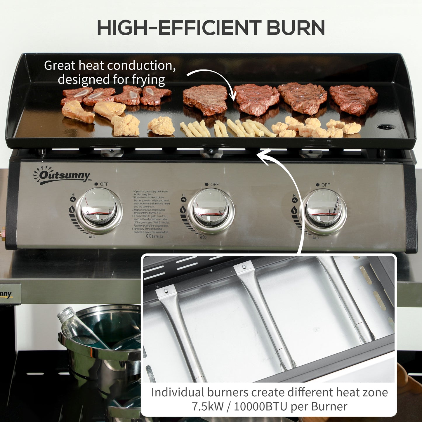 3 Burner Gas Plancha BBQ Grill with Lid, Black