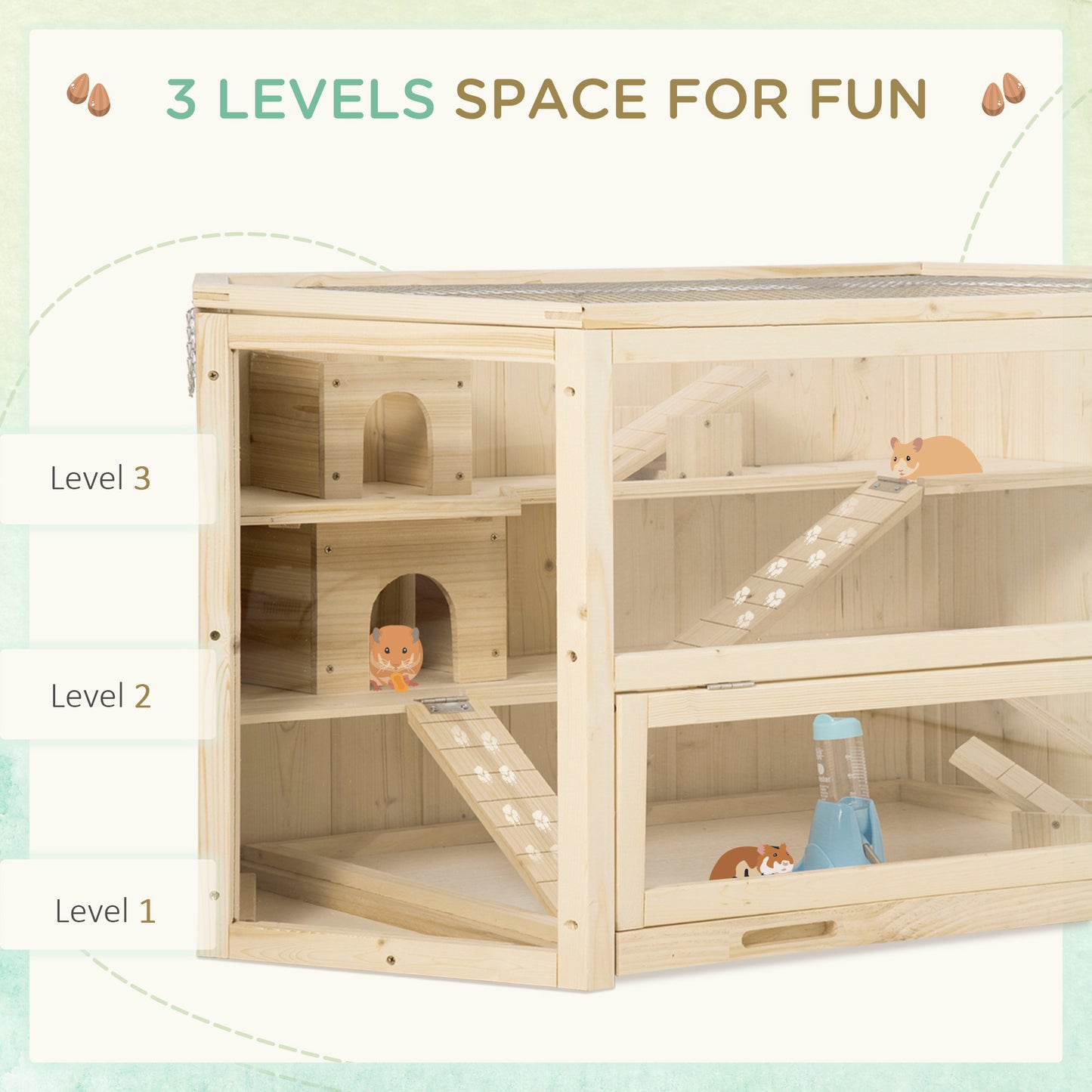 Wooden Large Hamster Cage Small Animal Exercise Play House 3 Tier with Sliding Tray, Seesaws, Water Bottle, Natural