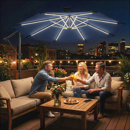 3 m Garden Cantilever Parasol with Solar Light, Rotation, Navy Blue
