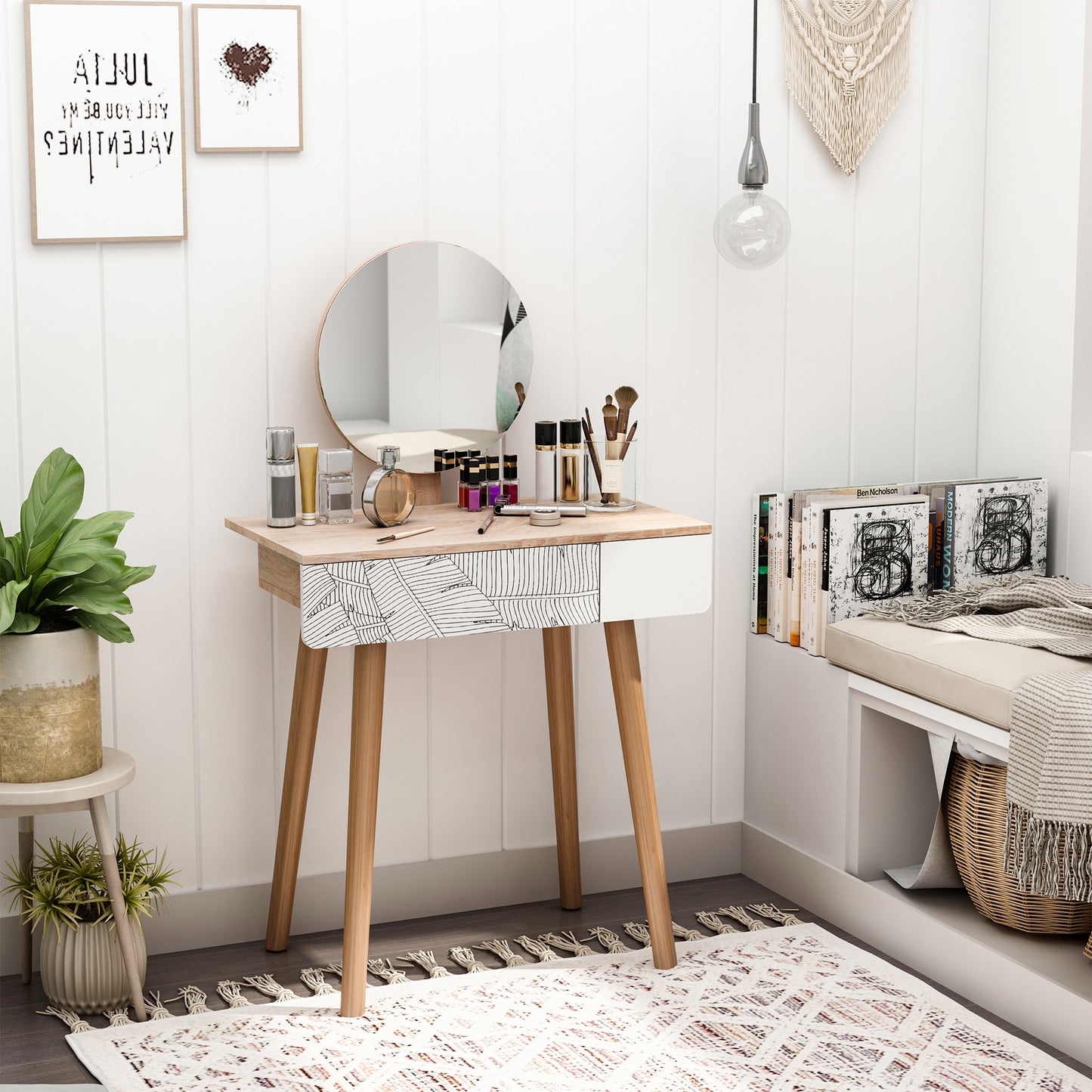Wooden Compact Dressing Table w/ Drawer Mirror 4 Legs Table Top Bedroom