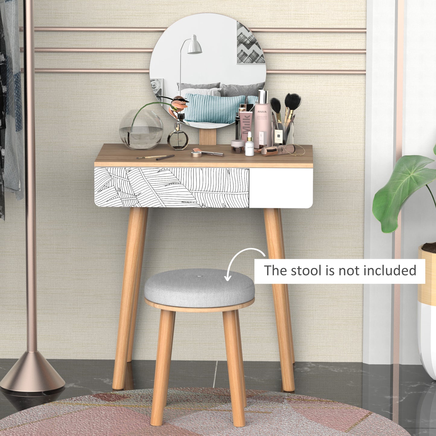 Wooden Compact Dressing Table w/ Drawer Mirror 4 Legs Table Top Bedroom