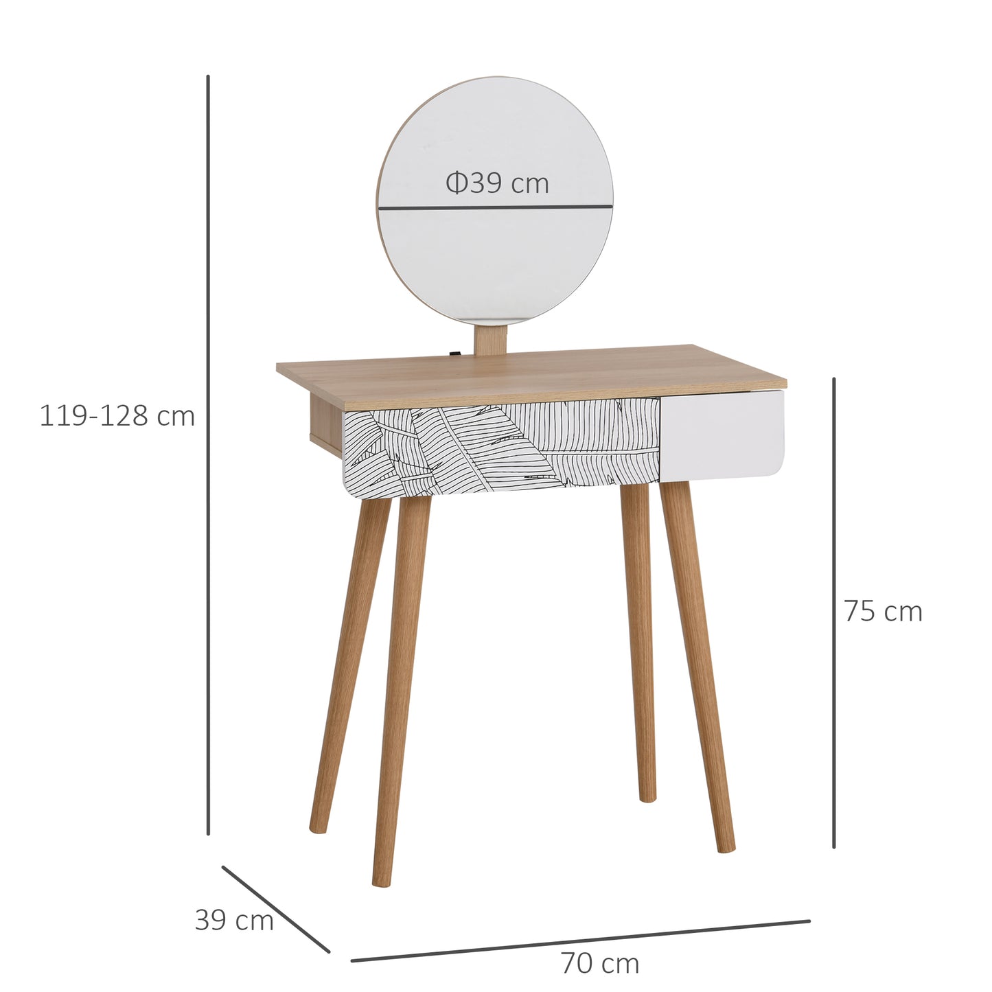 Wooden Compact Dressing Table w/ Drawer Mirror 4 Legs Table Top Bedroom