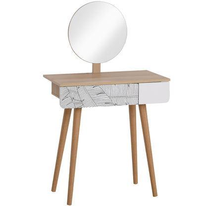 Wooden Compact Dressing Table w/ Drawer Mirror 4 Legs Table Top Bedroom