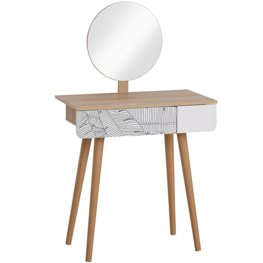 Wooden Compact Dressing Table w/ Drawer Mirror 4 Legs Table Top Bedroom