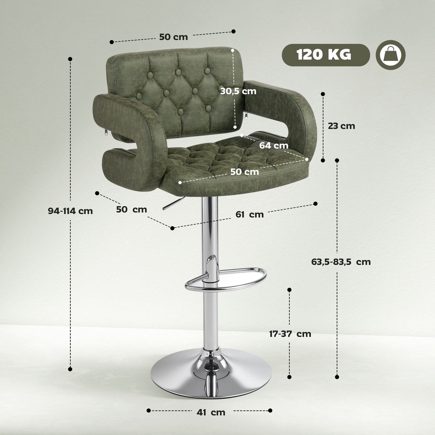 Adjustable Height Barstool Steel Pole PU Leather, Green