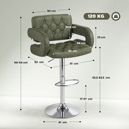 Adjustable Height Barstool Steel Pole PU Leather, Green
