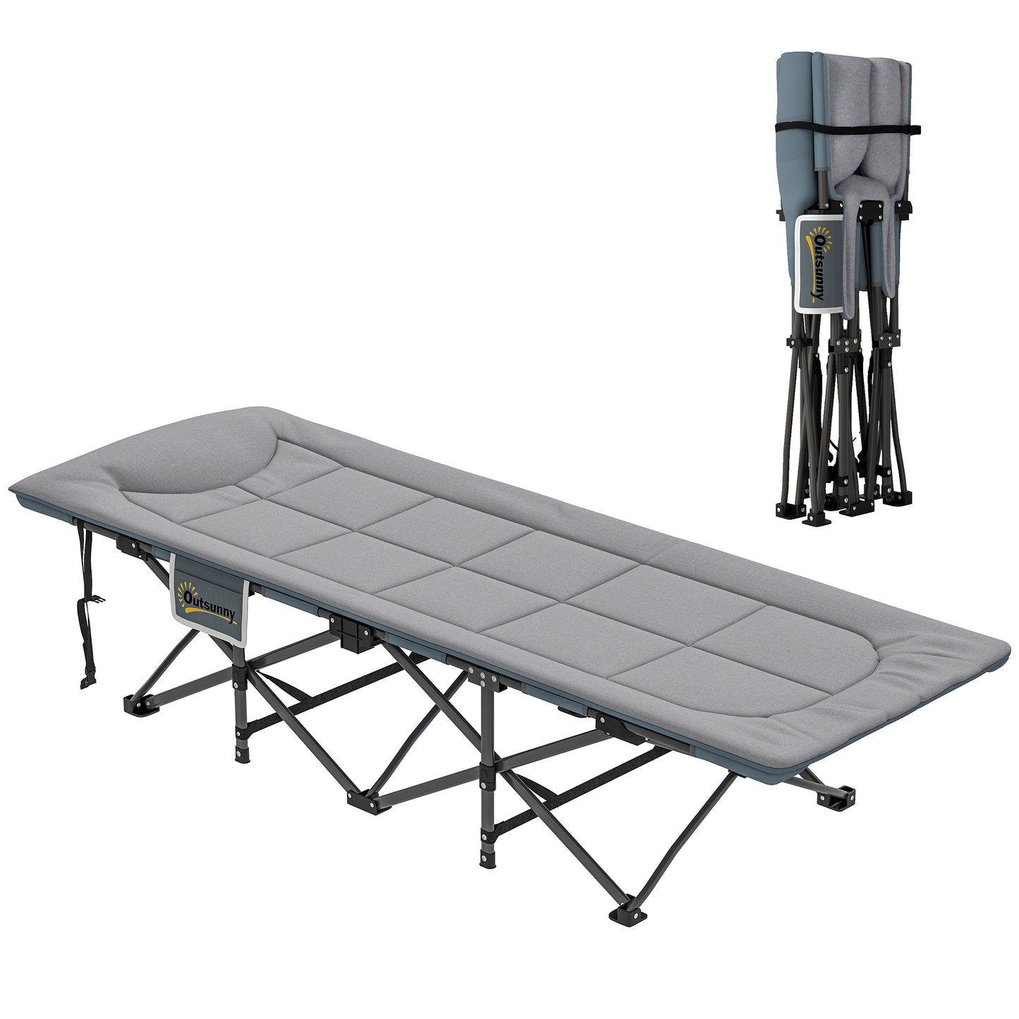 Camping Bed for Adults with Cushion, Headrest, Side Pocket, Grey