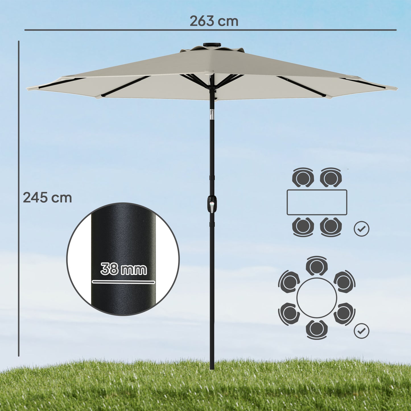 2.6 m Garden Parasol Umbrella with Light, Outdoor Patio Umbrella