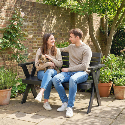 2 Seater Wood Garden Bench, Slatted Patio Bench with Armrest Black