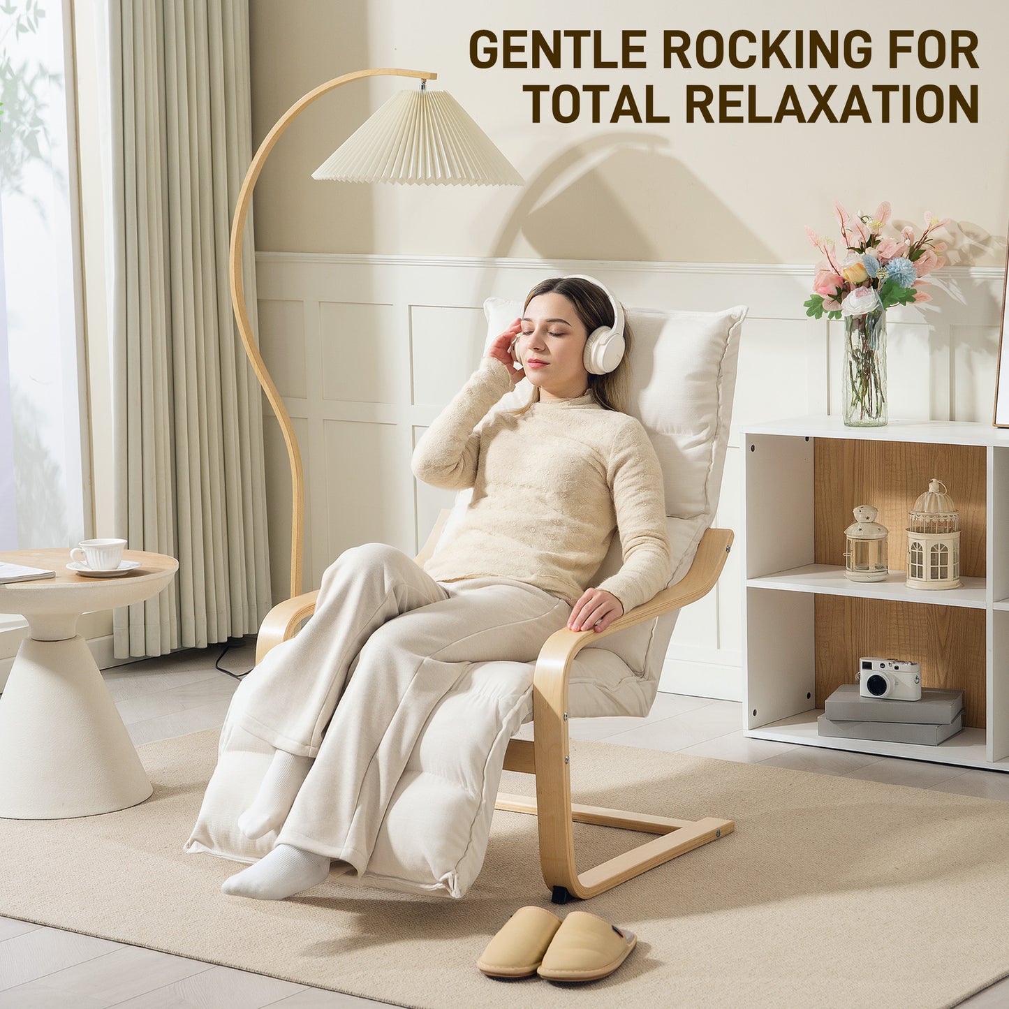 Birch Wood Lounge Chair for Living Room, Bedroom, Cream White