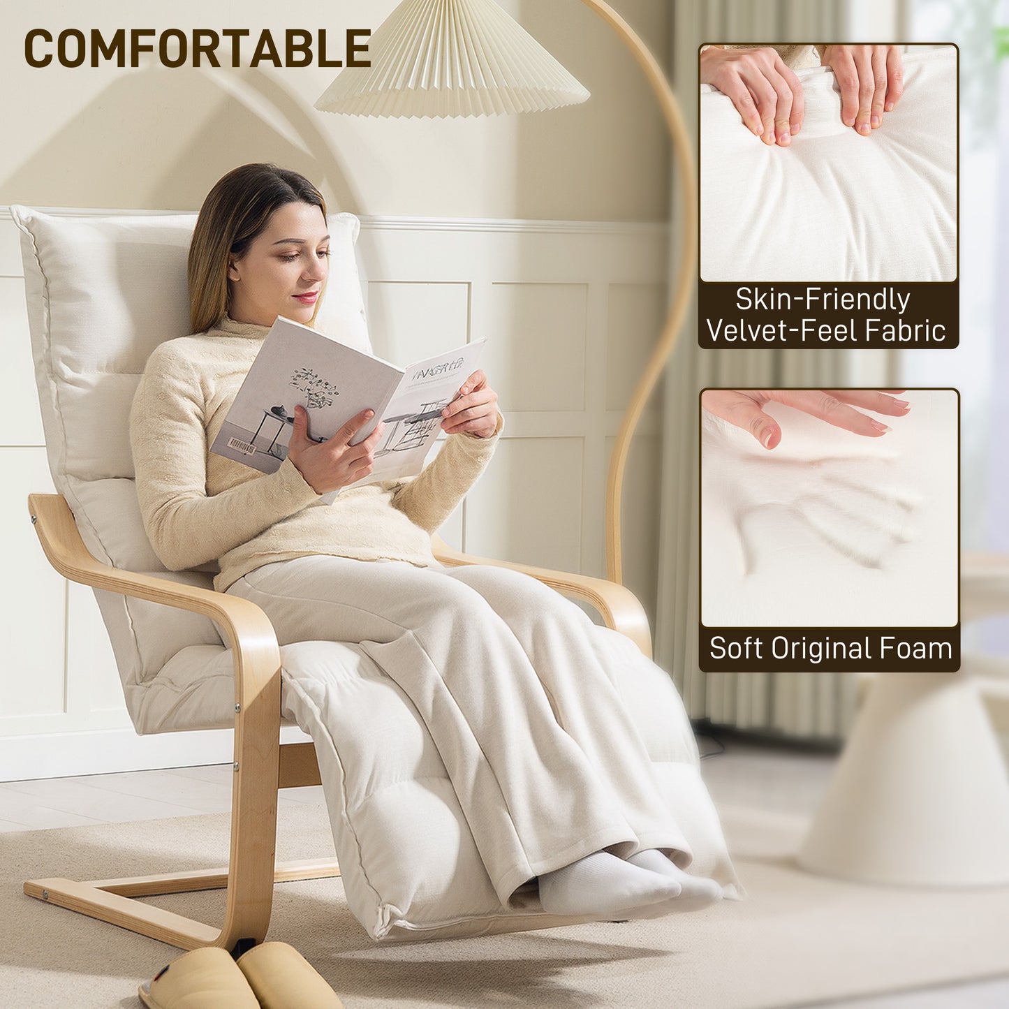 Birch Wood Lounge Chair for Living Room, Bedroom, Cream White
