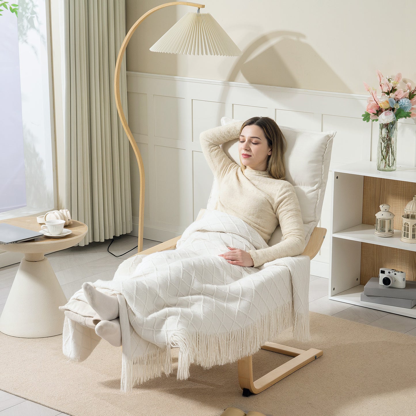 Birch Wood Lounge Chair for Living Room, Bedroom, Cream White