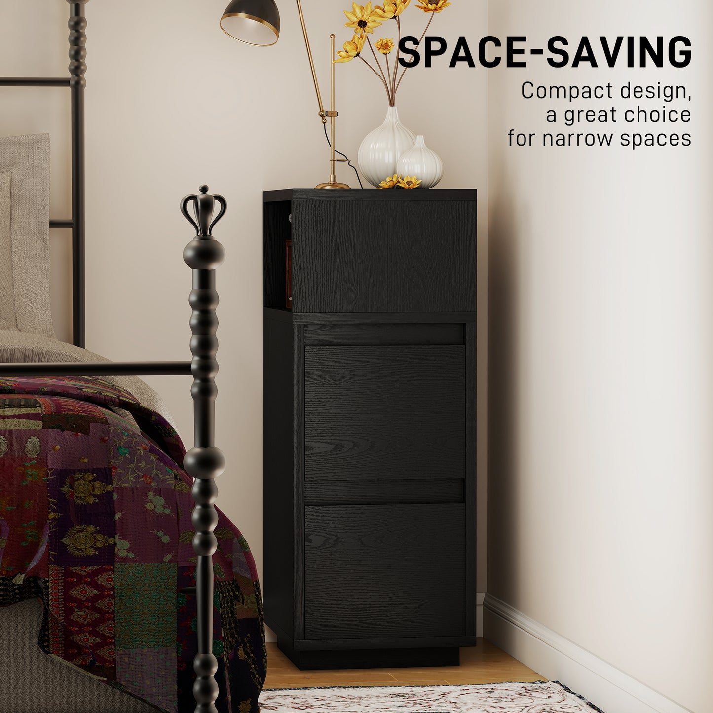 Slim Bedside Table, Bedside Cabinet with Open Shelf and 2 Drawers