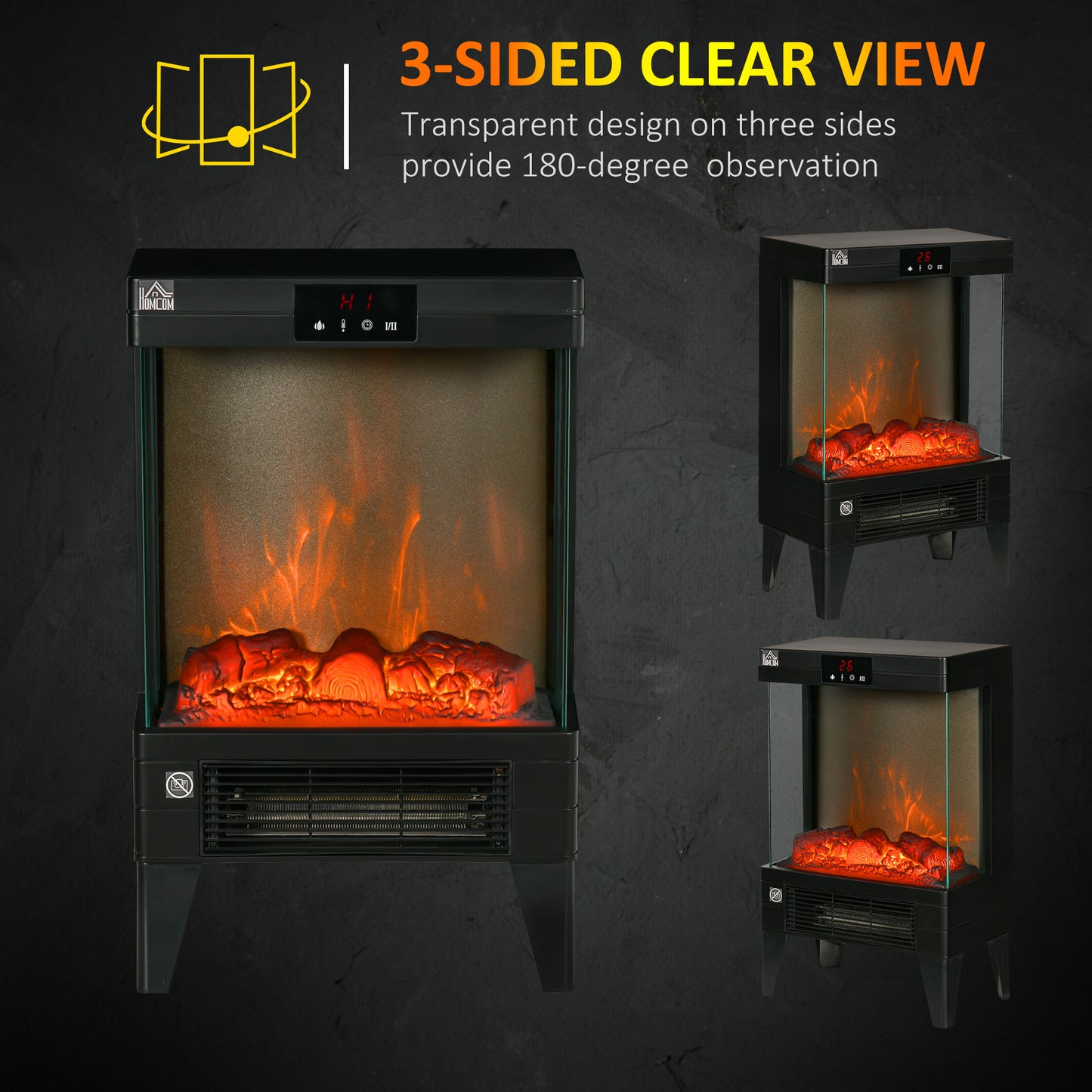 Electric Fireplace Heater, Freestanding 750W/1500W Fireplace, w/ LED Screen, Remote included Quiet Heater Ideal for 25m¬≤ Indoor Use, Black