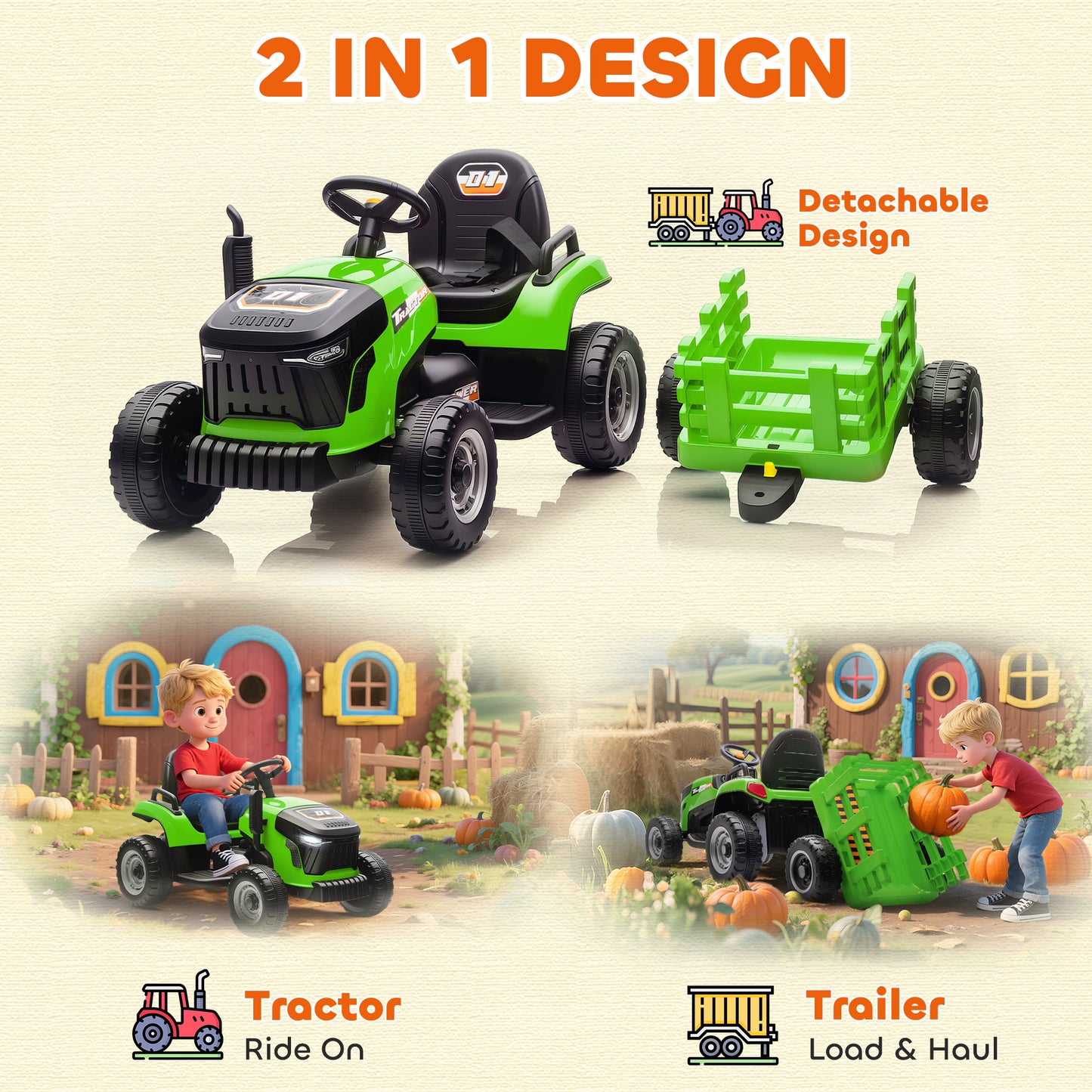Ride on Tractor and Trailer, 12V Electric Ride on Tractor, Green