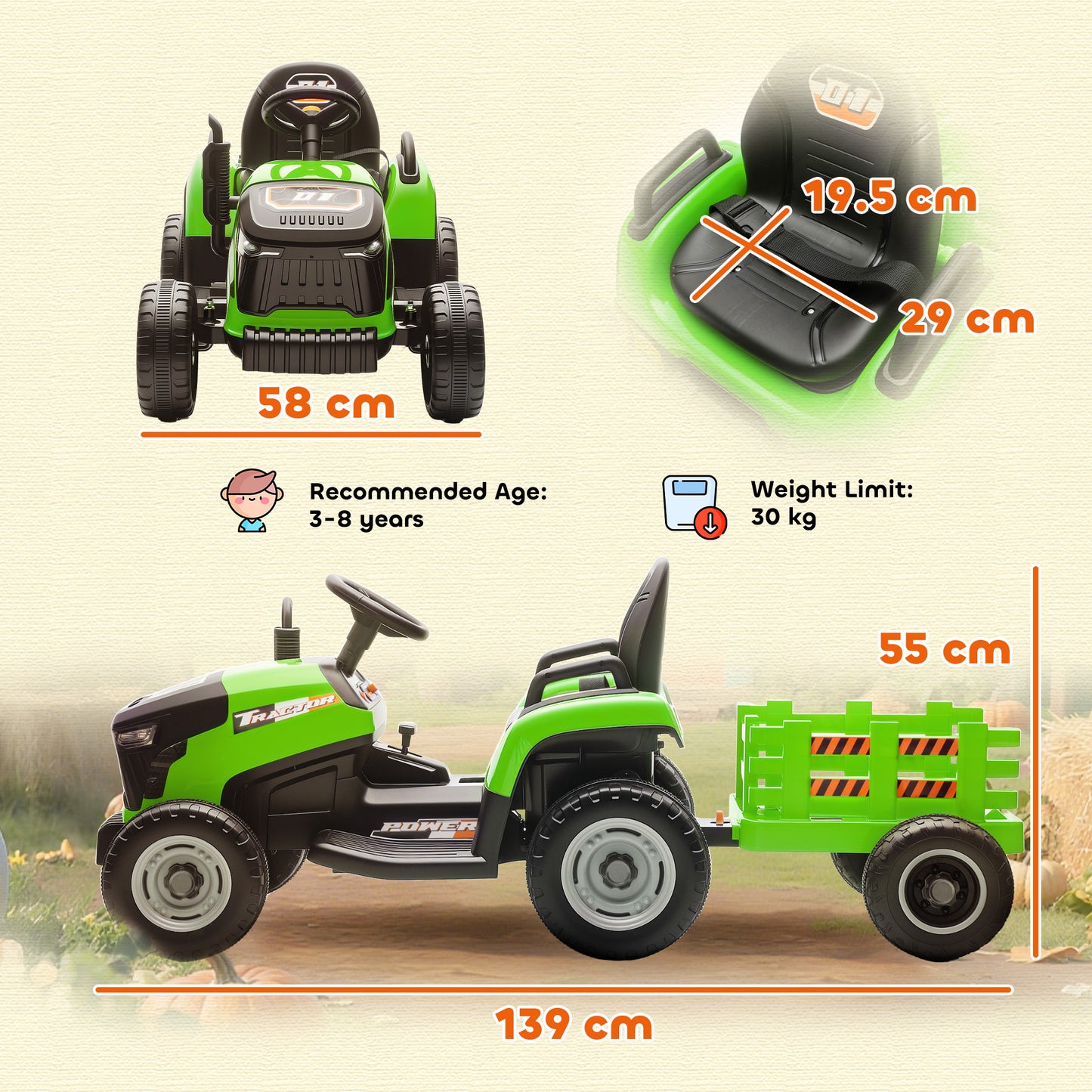 Ride on Tractor and Trailer, 12V Electric Ride on Tractor, Green