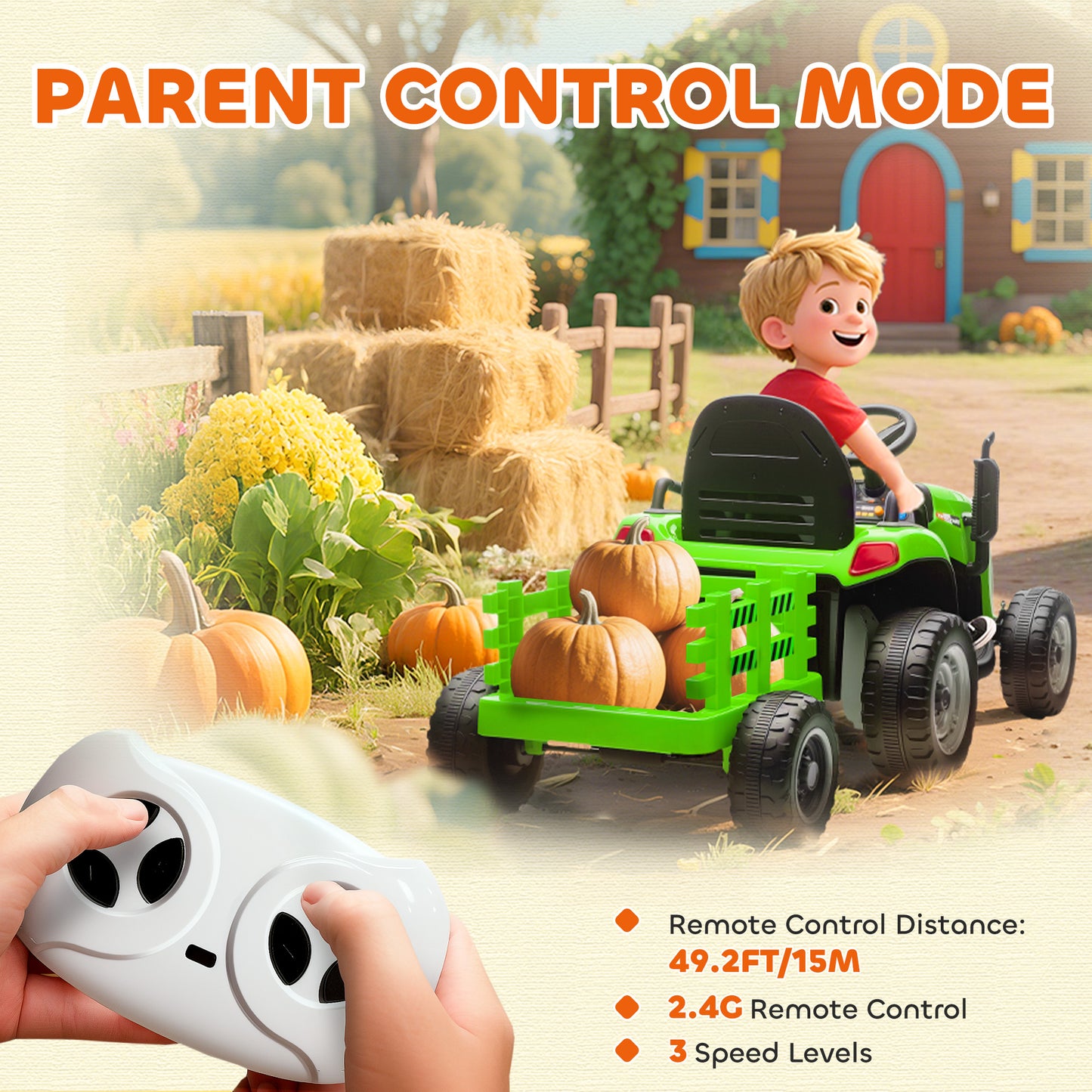 Ride on Tractor and Trailer, 12V Electric Ride on Tractor, Green