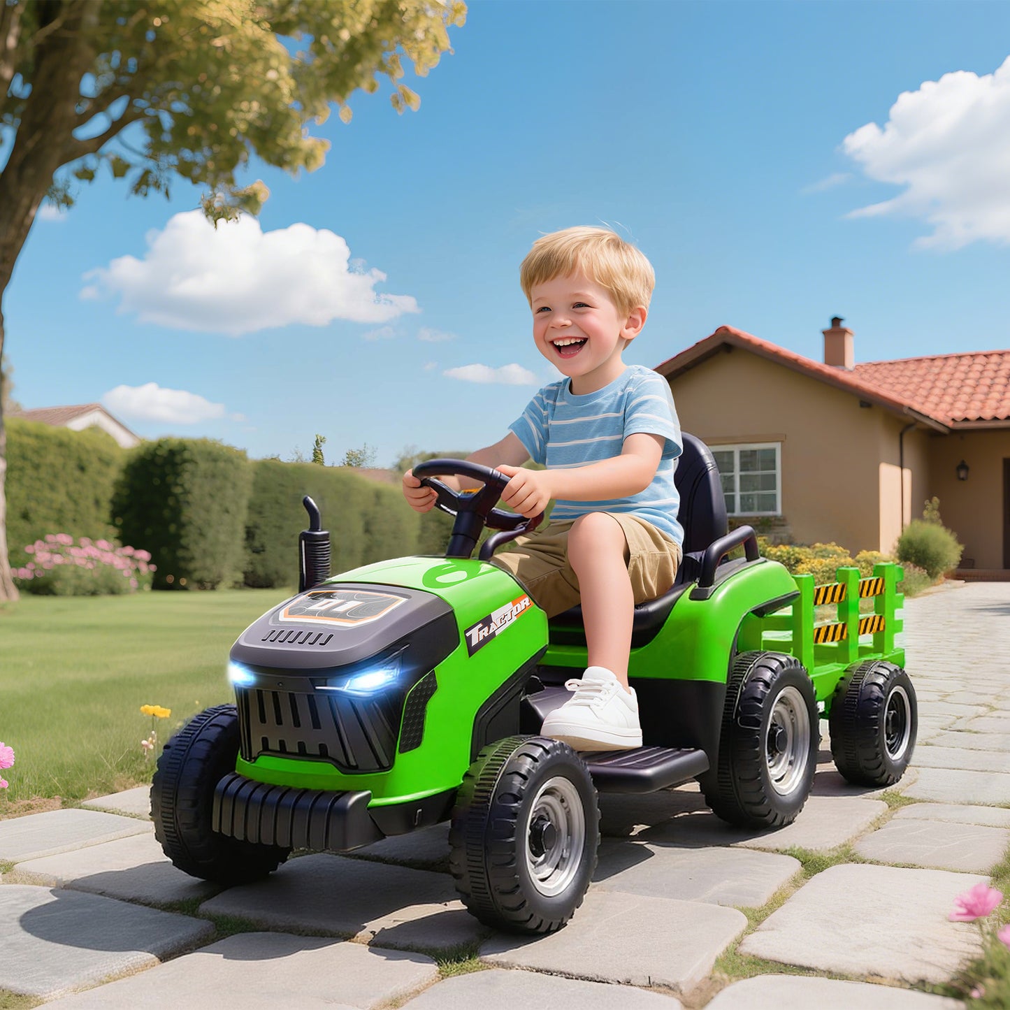 Ride on Tractor and Trailer, 12V Electric Ride on Tractor, Green