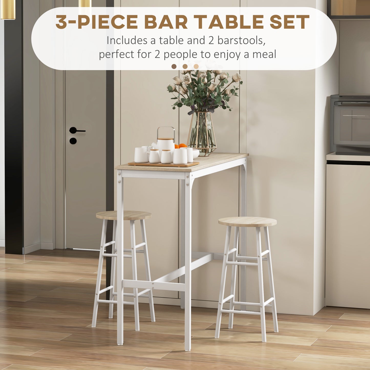 3 Piece Bar Set, Industrial Kitchen and Chair Set Oak