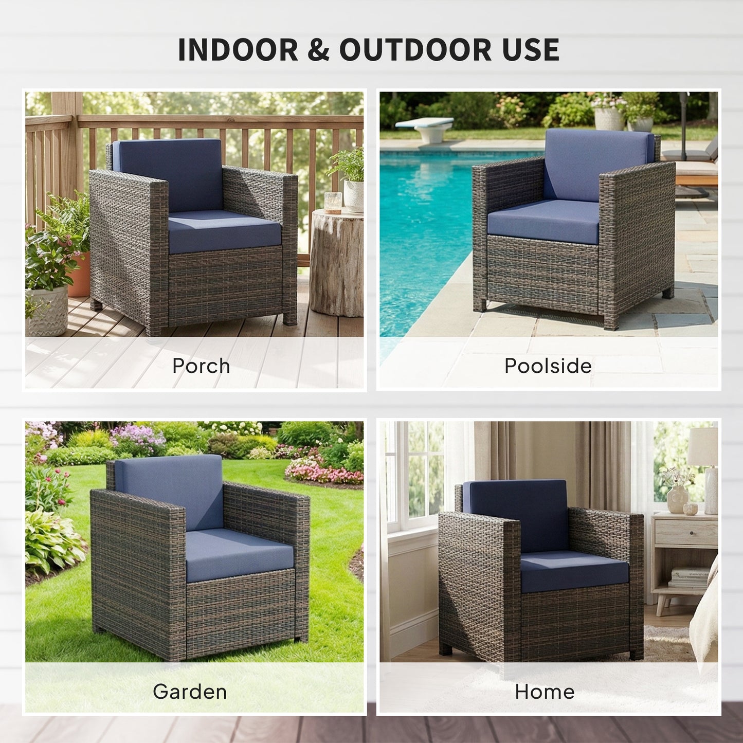 Rattan Garden Armchair, Cushioned Single Rattan Chair, Brown/Blue