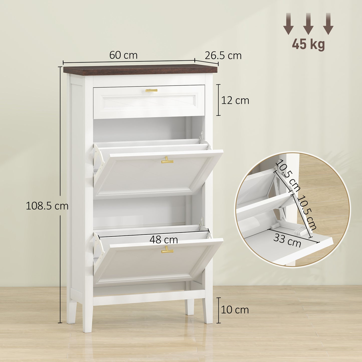 Shoe Cabinet with 2 Flip Drawers, Narrow Shoe Storage Cabinet, White