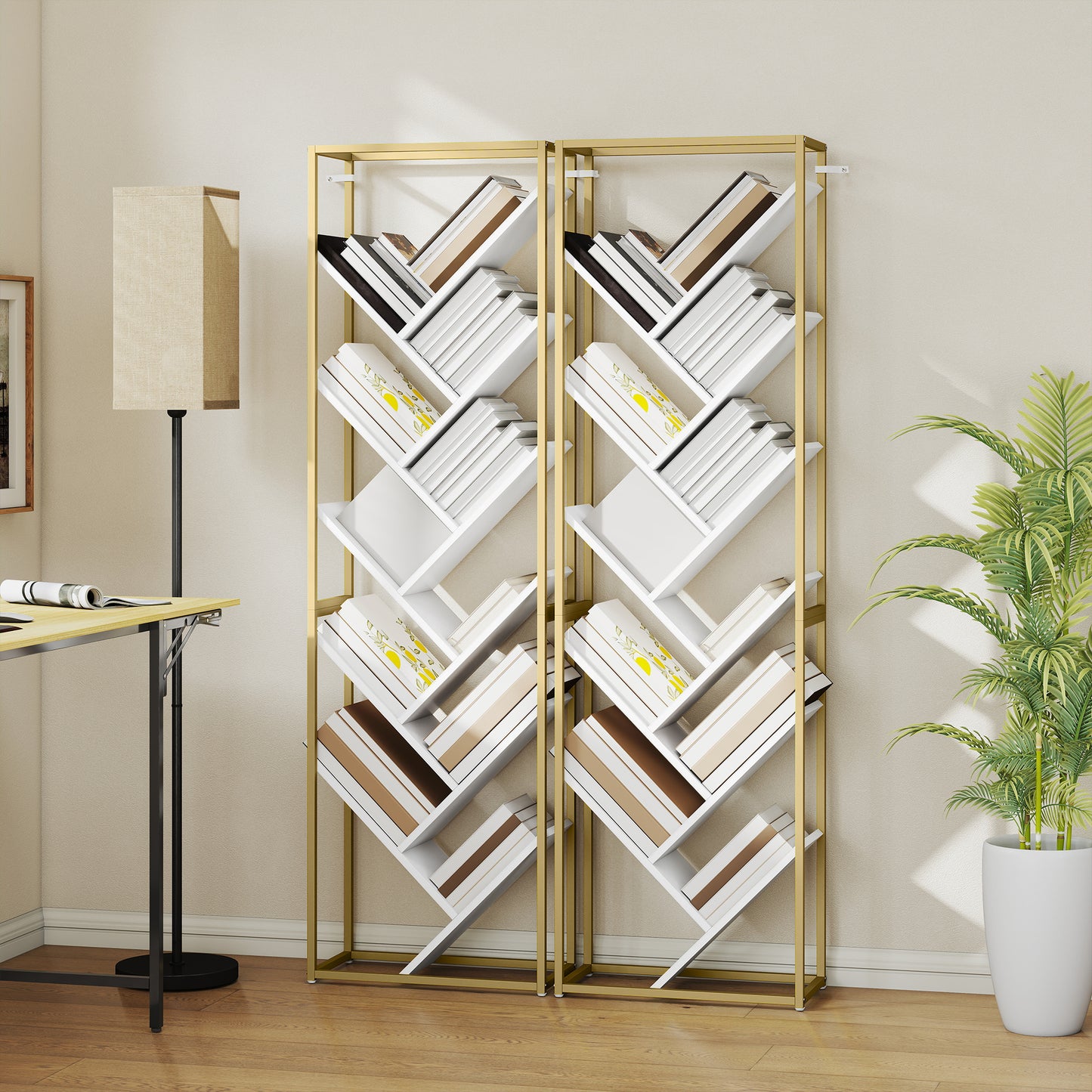 10 Tier Tree Bookshelf Modern Tall Bookcase White Gold Tone