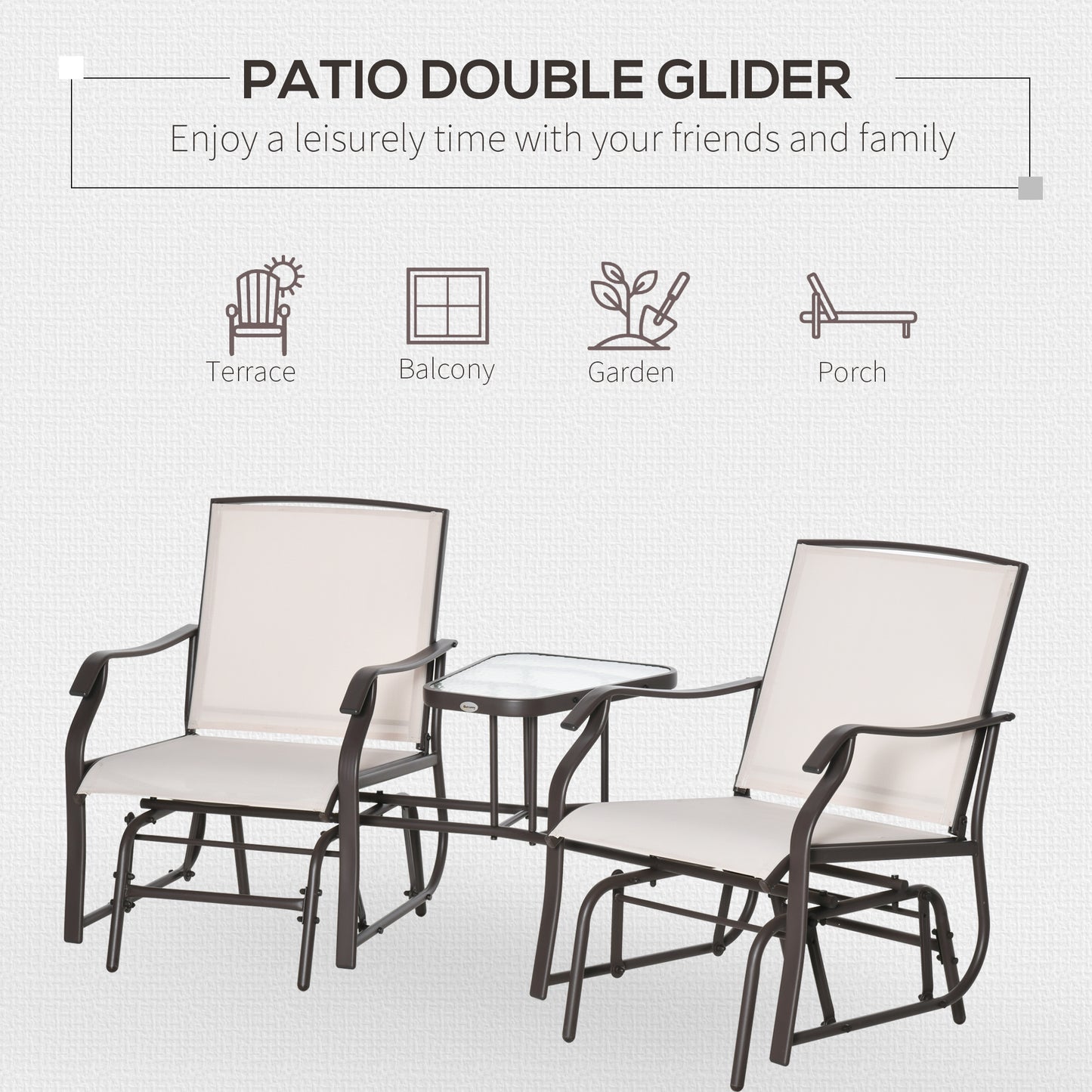 Garden Double Glider Rocking Chairs Gliding Love Seat with Middle Table Conversation Set Patio Backyard Relax Outdoor Furniture Beige