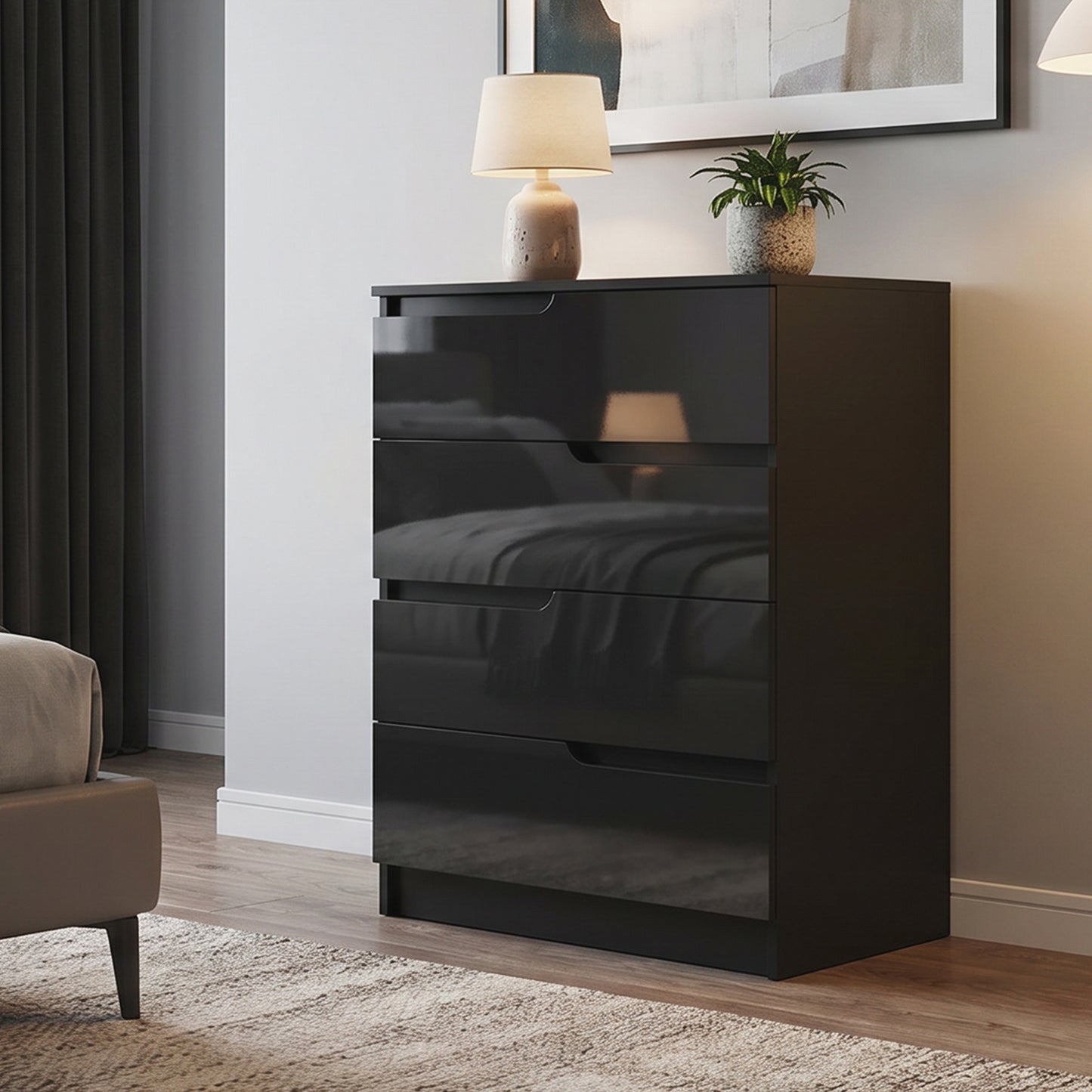 Modern Dresser with 4 Drawers, Chest of Drawers for Bedroom, Living Room, 60 x 40 x 85cm, High Gloss Black
