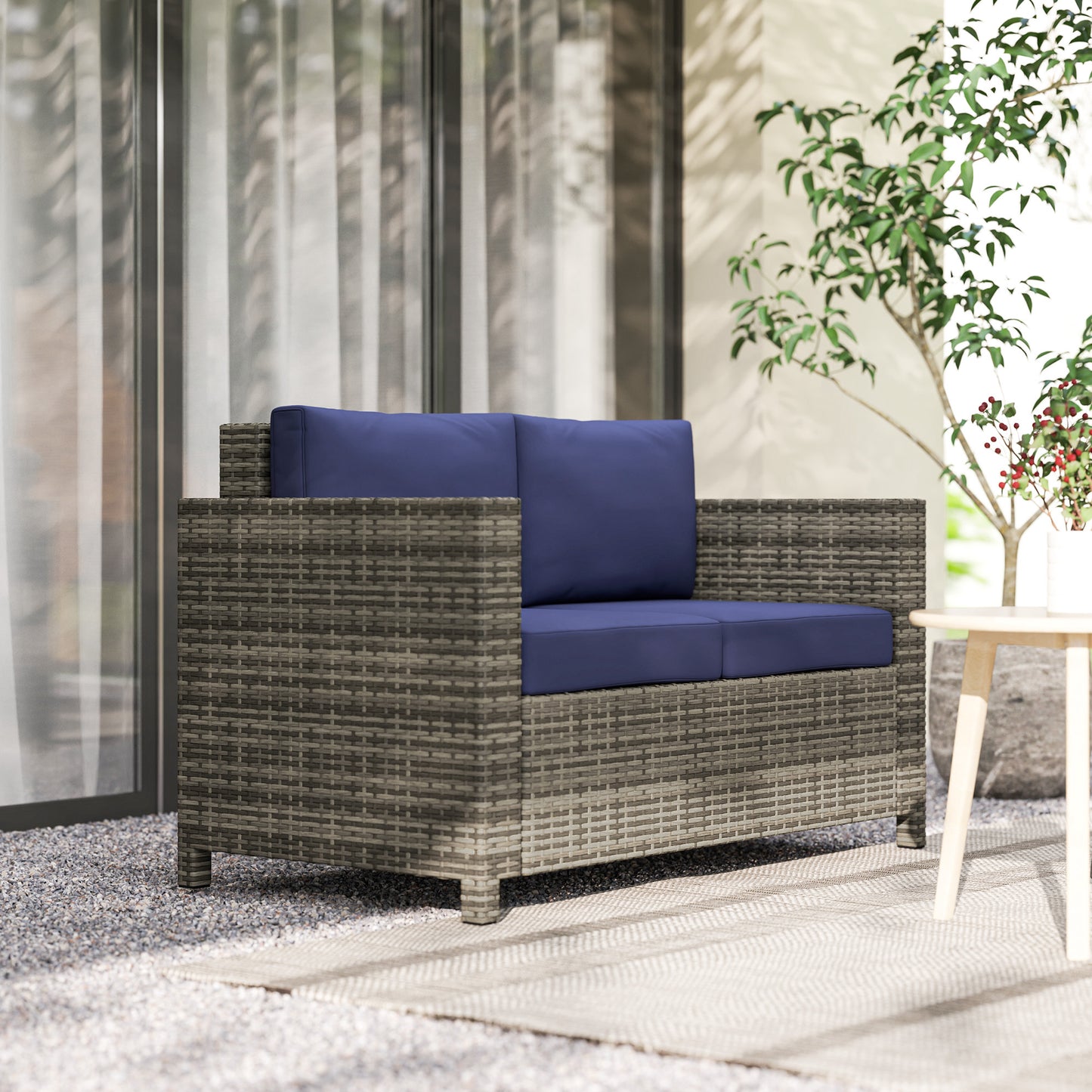Rattan Wicker 2-seat  Loveseat Padded Garden Furniture Blue