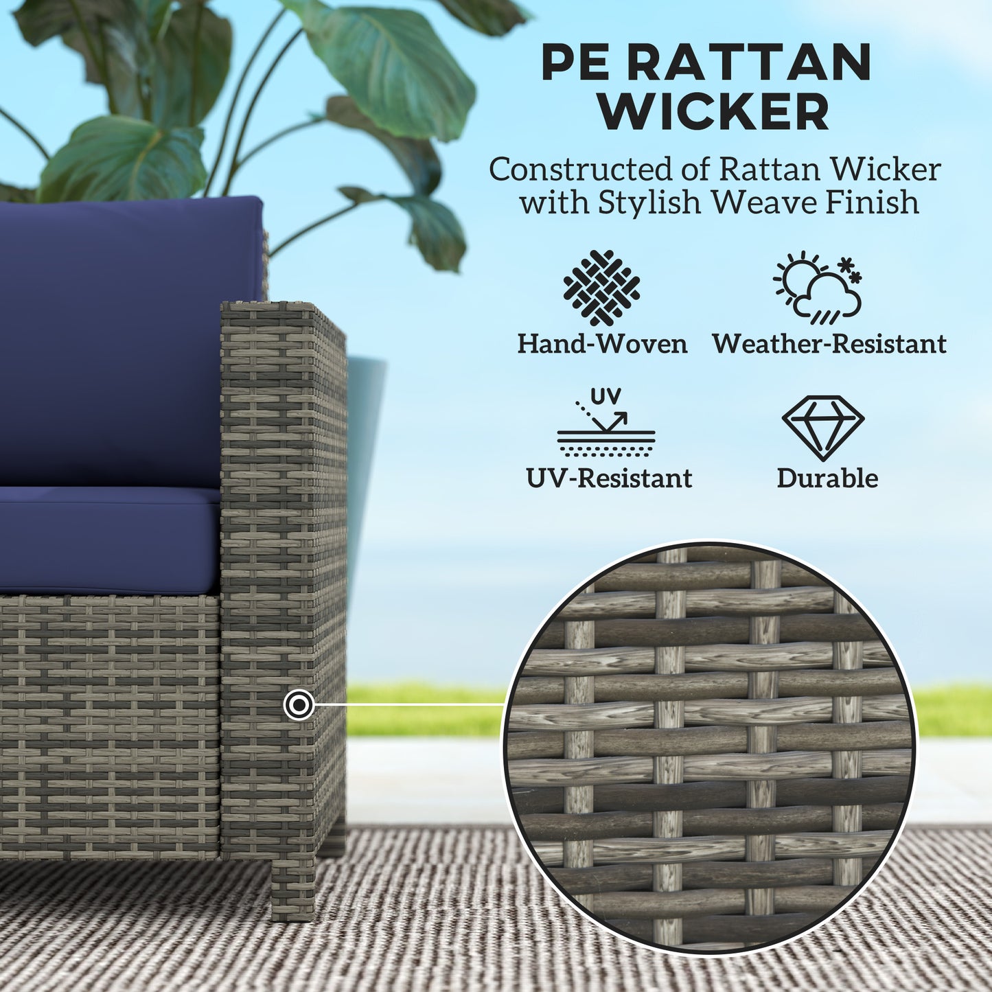 Rattan Wicker 2-seat  Loveseat Padded Garden Furniture Blue