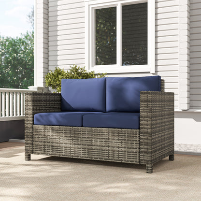Rattan Wicker 2-seat  Loveseat Padded Garden Furniture Blue