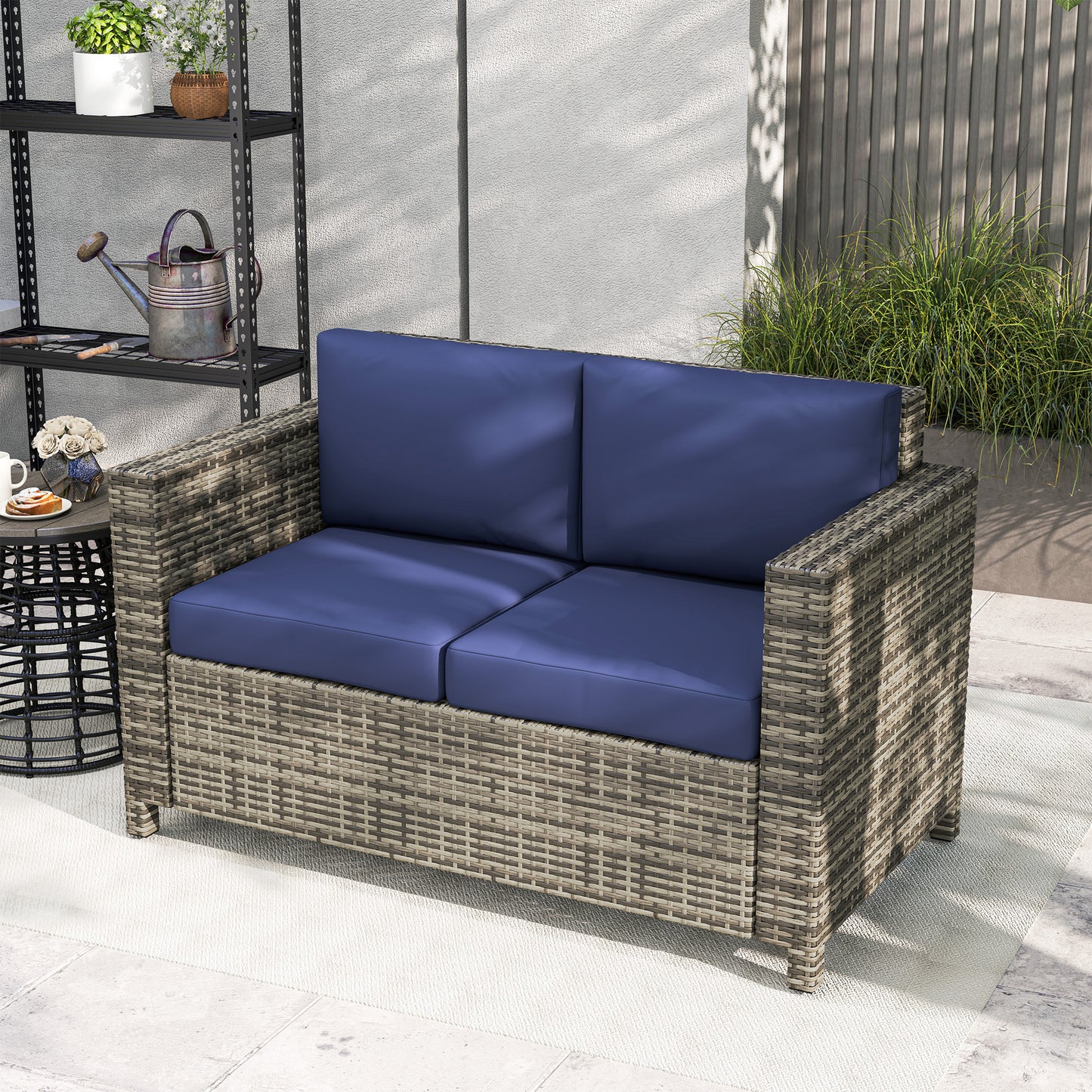 Rattan Wicker 2-seat  Loveseat Padded Garden Furniture Blue