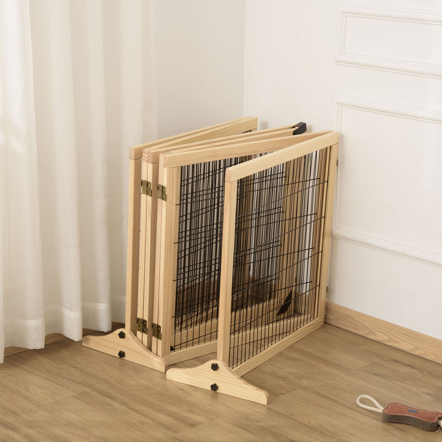 Wooden Pet Gate, Freestanding Dog Safety Barrier with 2 Support Feet, Natual
