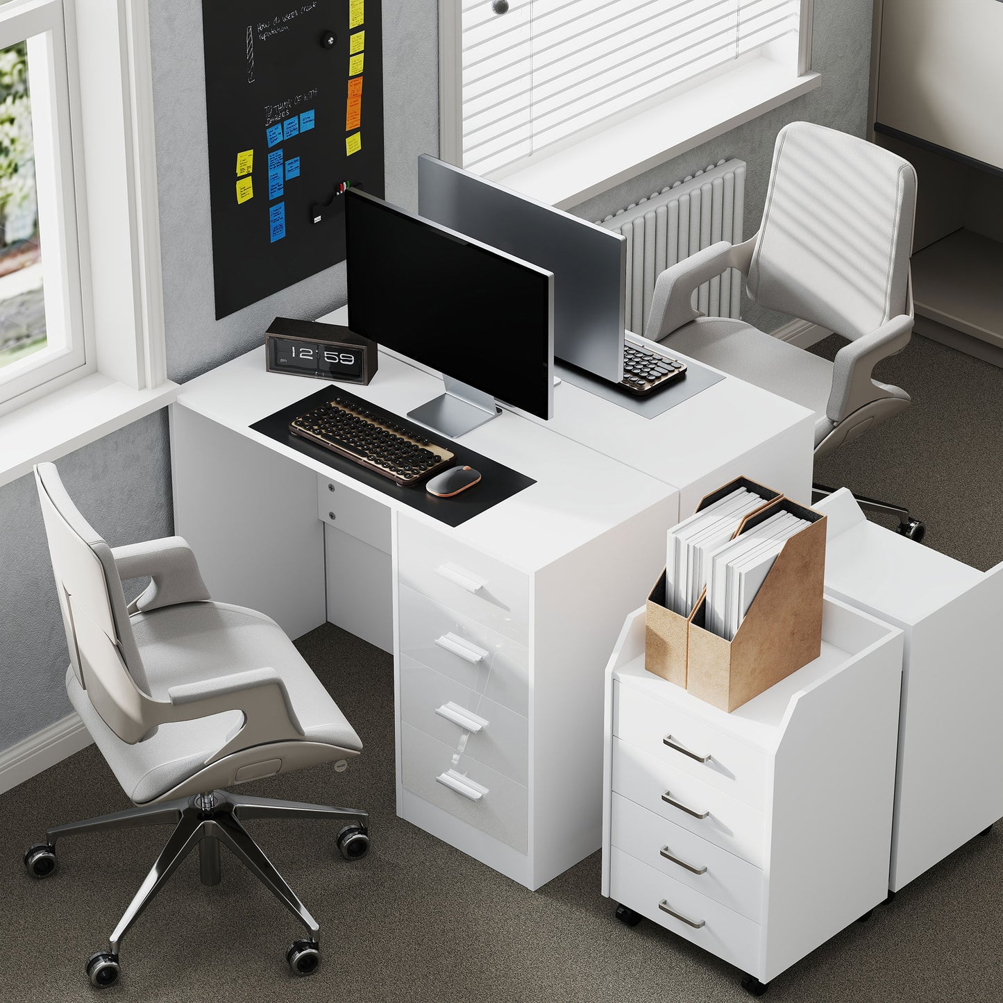 Computer Writing Desk with 4 Drawers, High Gloss Home Office Workstation