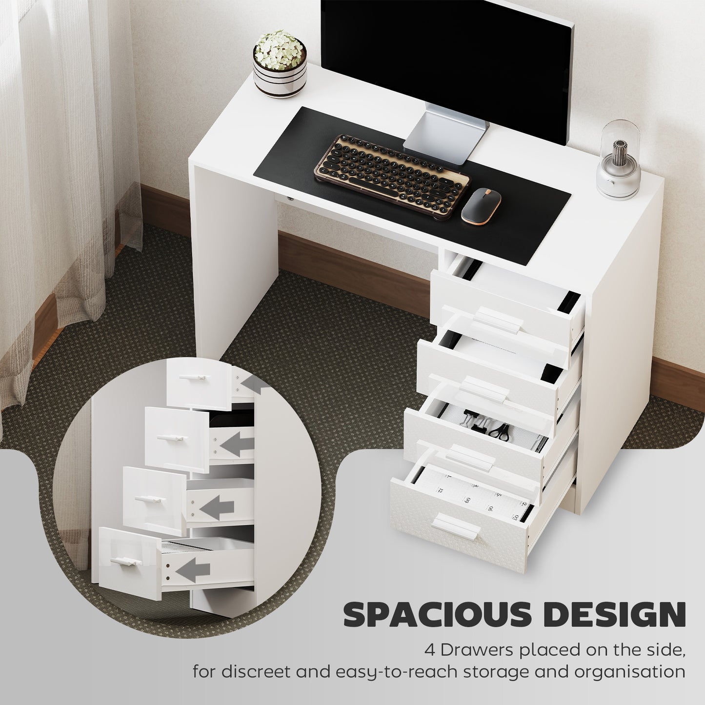 Computer Writing Desk with 4 Drawers, High Gloss Home Office Workstation
