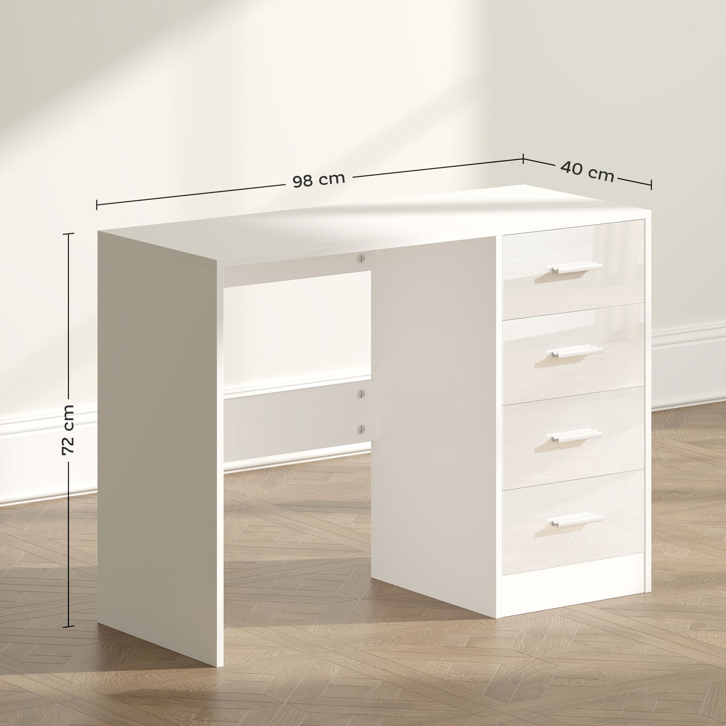 Computer Writing Desk with 4 Drawers, High Gloss Home Office Workstation