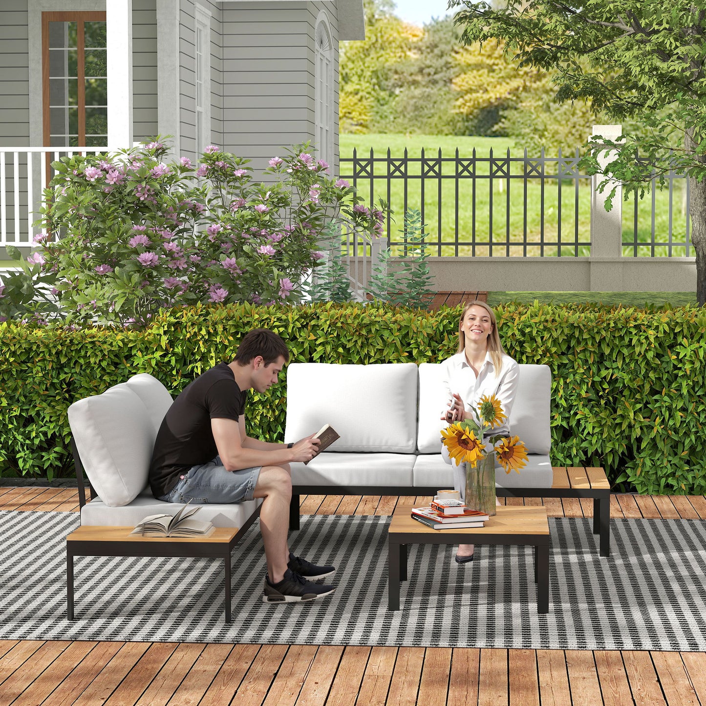 4 Seater Garden Corner Sofa Set with Removable Thick Cushions Teak