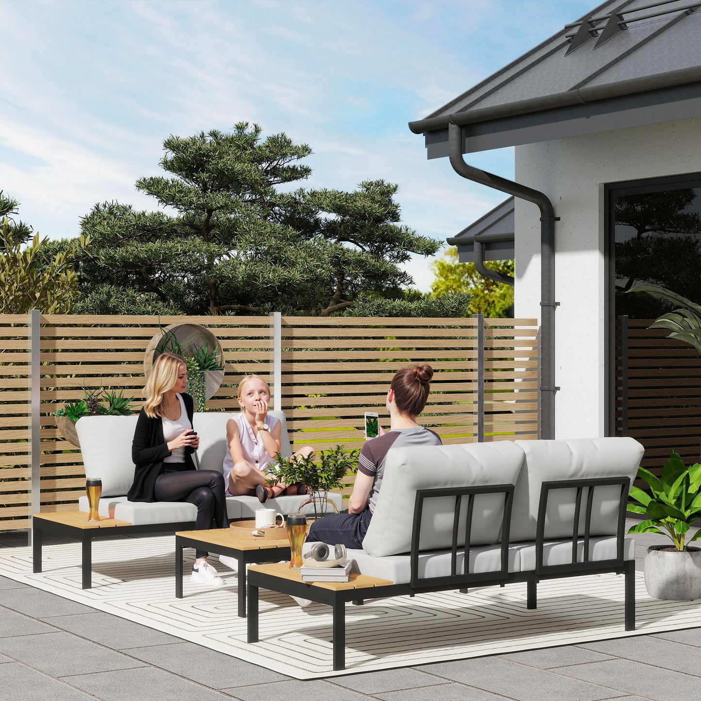 4 Seater Garden Corner Sofa Set with Removable Thick Cushions Teak